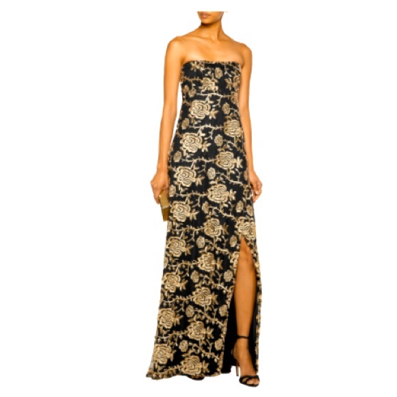 MIKAEL AGHAL rose embroidered strapless black and gold  gown, size 2 - Picture 1 of 11